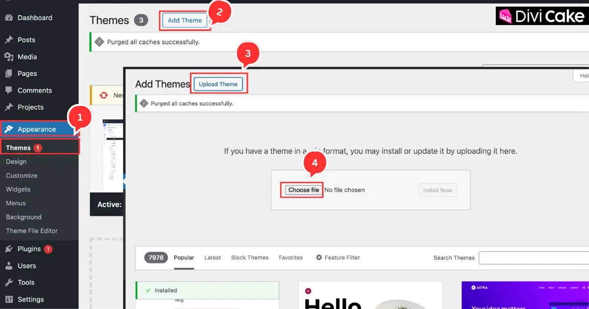 WordPress dashboard Appearance Themes screen showing Add New and Upload Theme options