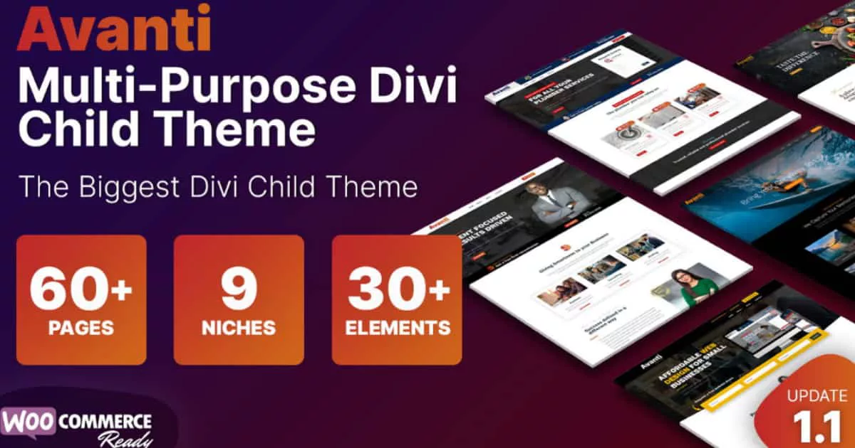 Avanti multipurpose Divi child theme layout preview with multiple niche pages