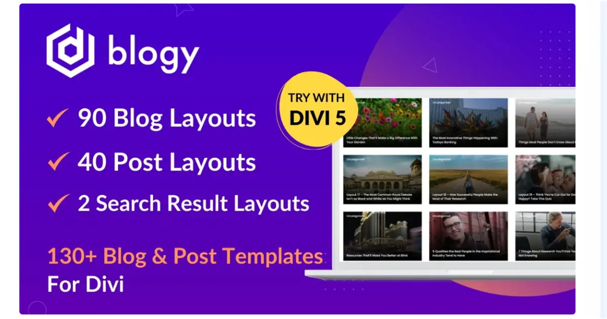 Blogy Divi Marketplace product preview showing multiple Divi blog, archive, and post layout templates for Divi Theme Builder