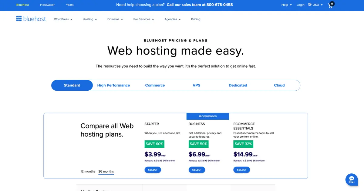 Bluehost WordPress hosting setup screen showing easy onboarding and basic website management tools.