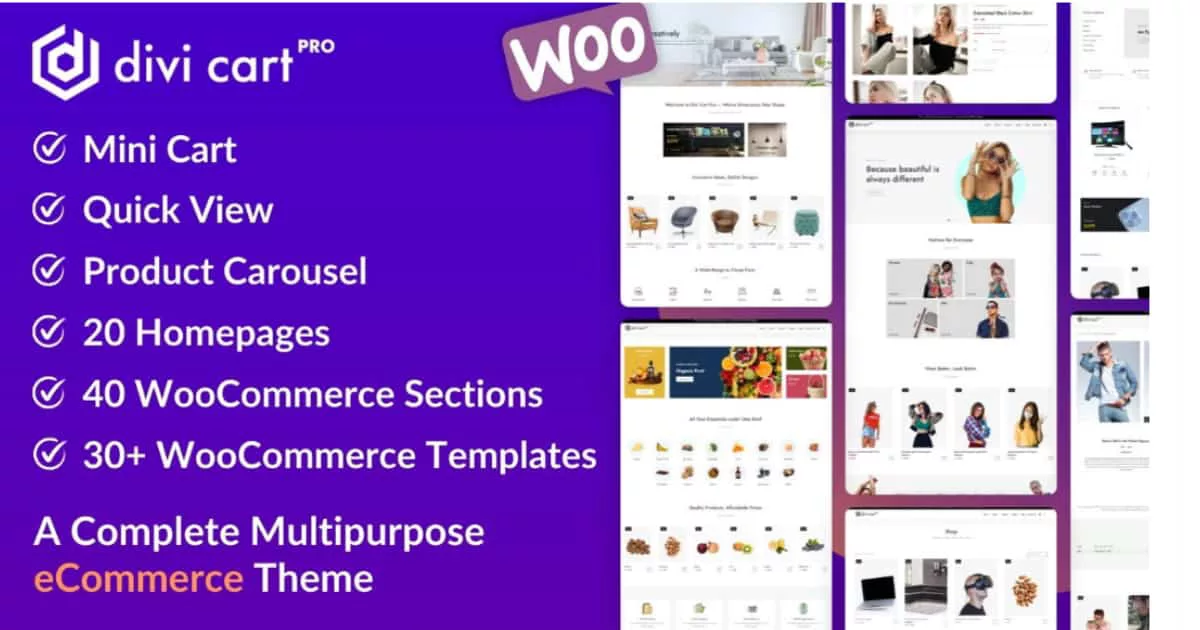 Divi Cart Pro child theme WooCommerce shop layout with product grid and mini cart