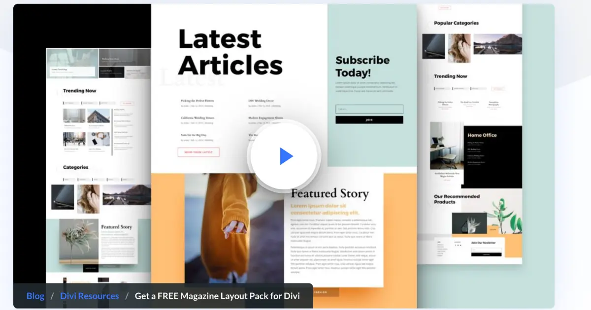 Free Divi Magazine Layout Pack preview showing a magazine-style blog homepage with featured posts, categories, and modern grid layout