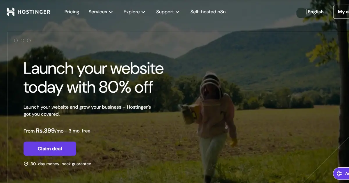 Hostinger WordPress hosting interface highlighting affordable plans and beginner-friendly setup options.