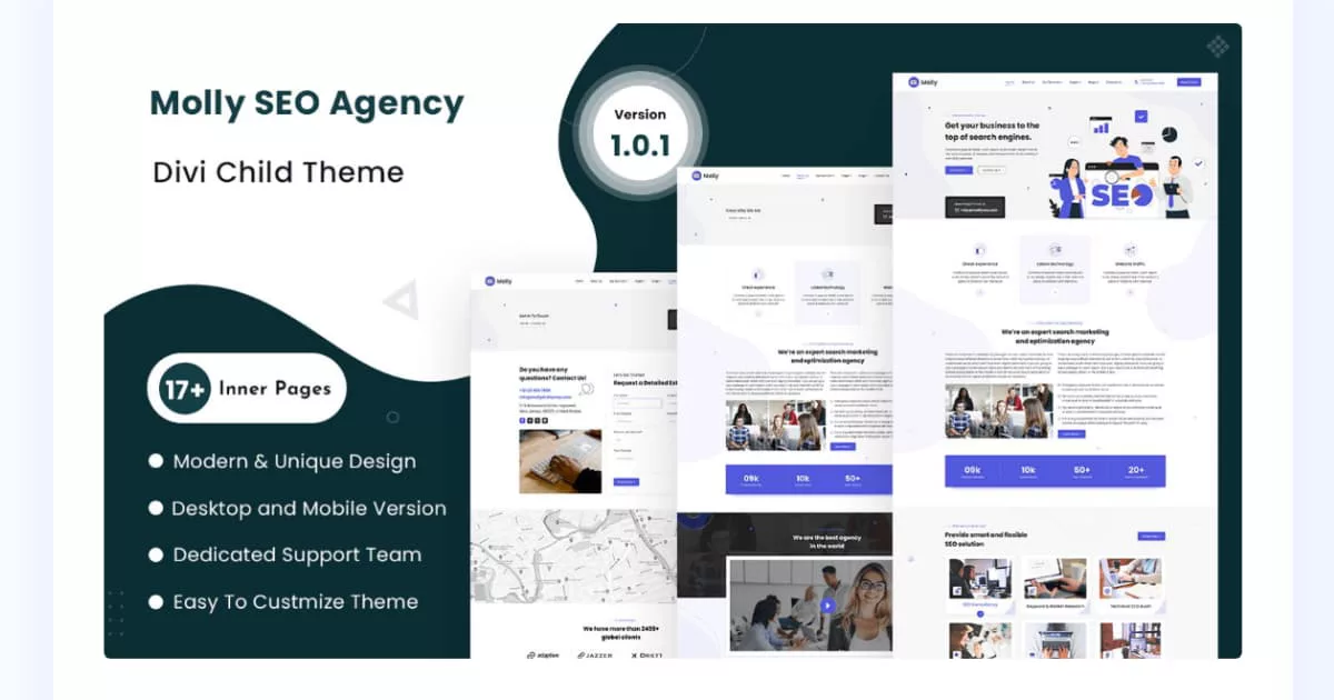 Molly Divi child theme homepage for SEO and social media marketing agency