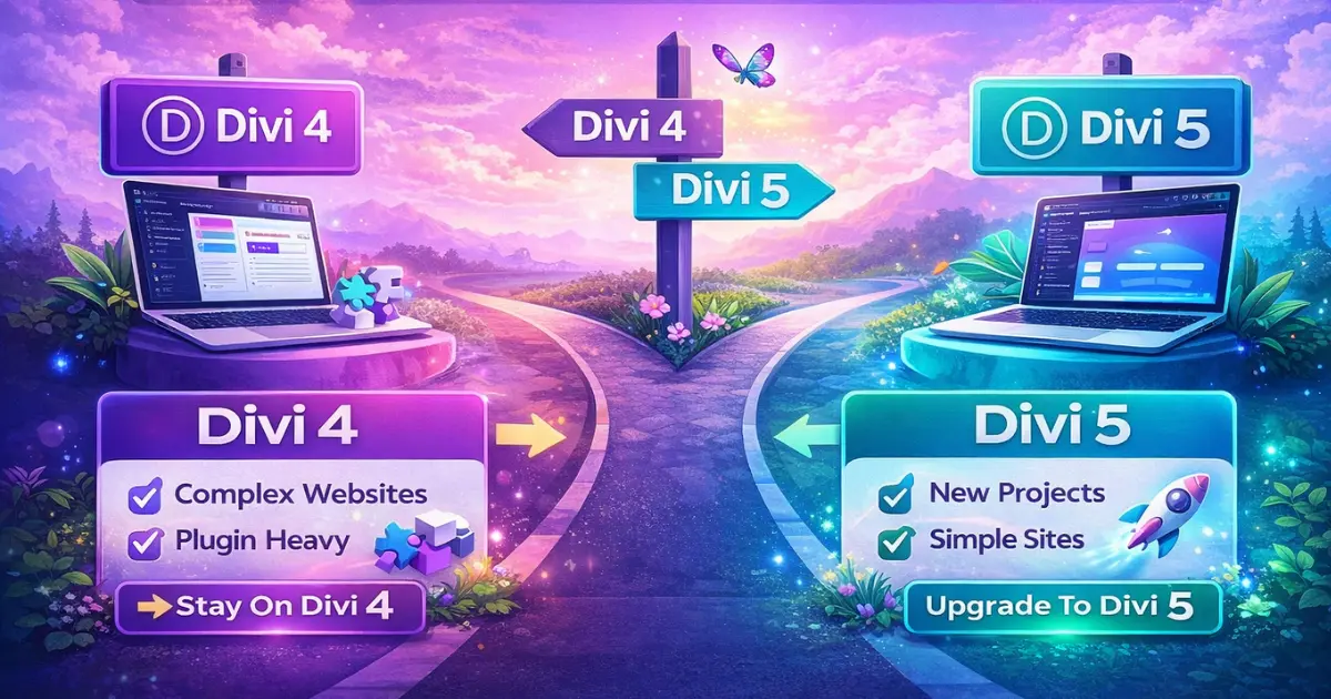 Divi 4 vs Divi 5 comparison infographic showing release date, roadmap, migration strategy, and how to choose the right Divi version for WordPress websites in 2026
