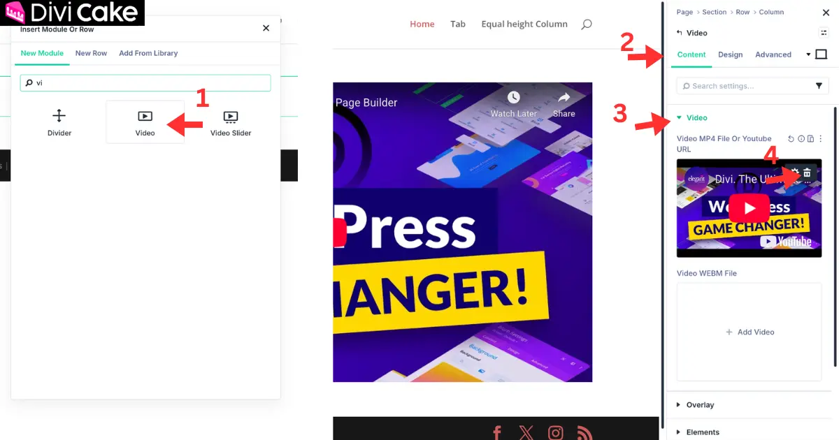 Adding the Divi 5 Video Module from the module picker in the Visual Builder
