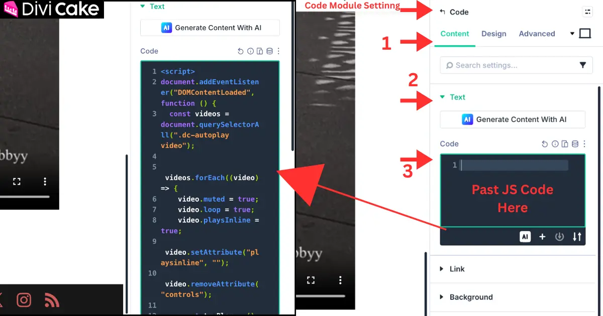 Pasting the Divi 5 autoplay JavaScript script into the Code Module content area under Text in the Divi builder