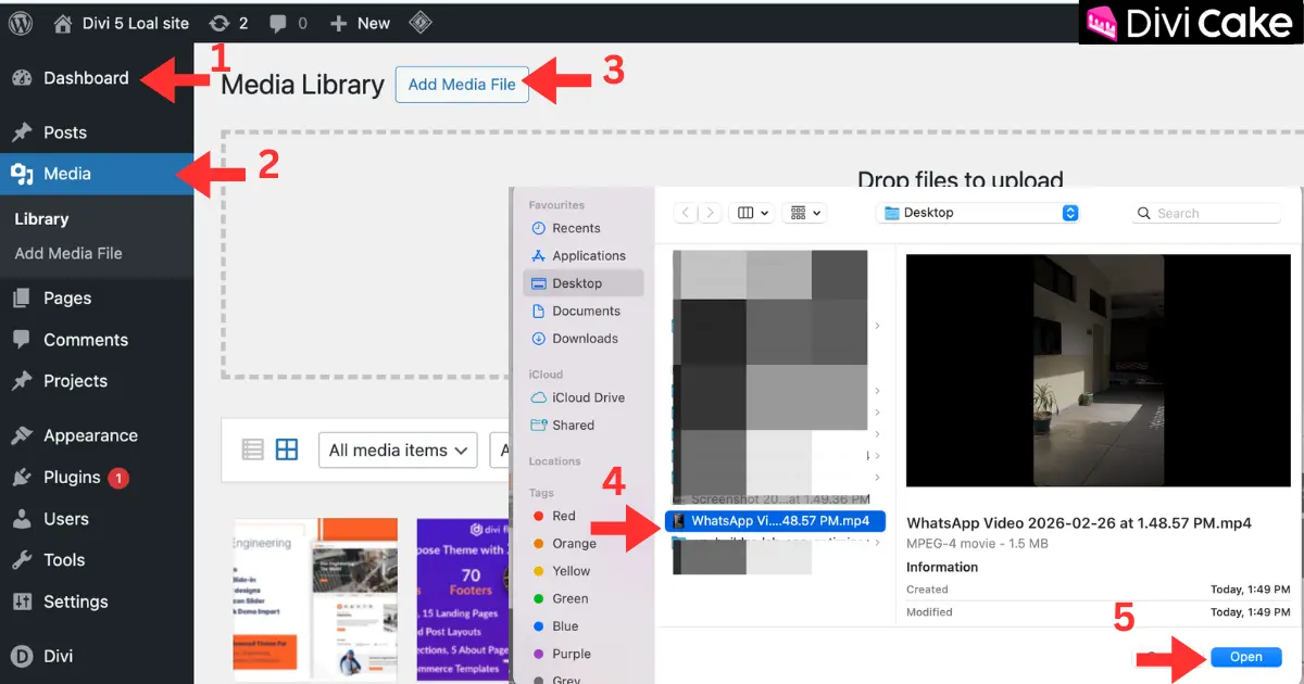 Uploading an MP4 video to the WordPress Media Library for Divi 5 video autoplay