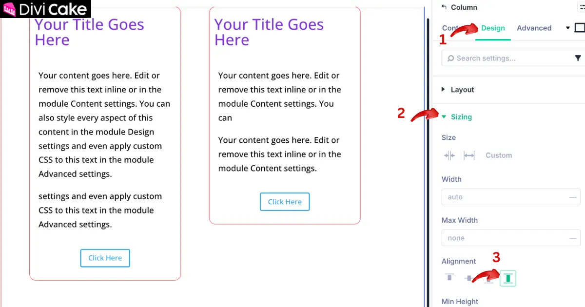 Divi 5 column settings screenshot showing Design tab, Sizing section, and Stretch option enabled to equalize column height