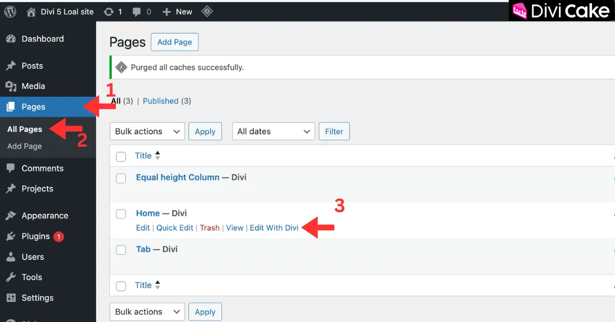 Opening a WordPress page and clicking Edit With Divi to launch the Divi 5 builder