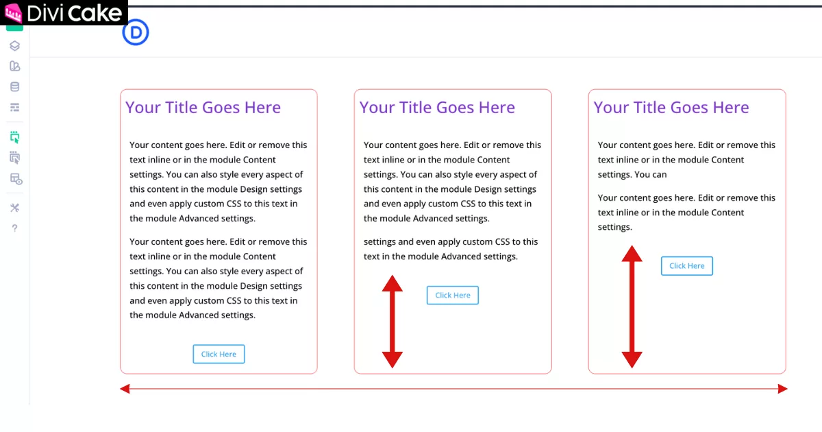 Divi 5 screenshot showing equal-height columns after applying stretch, but buttons and content are still vertically misaligned