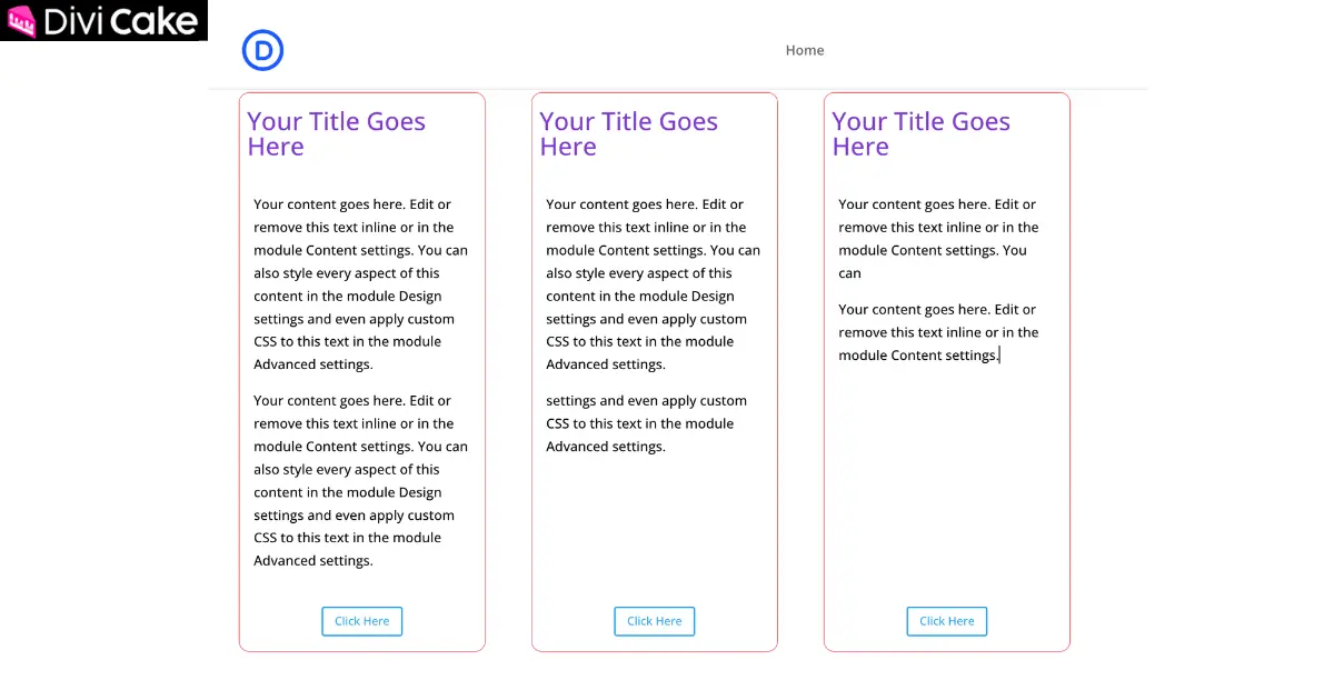 Divi 5 final result showing three equal-height columns with aligned buttons after applying Stretch and Grow to Fill settings