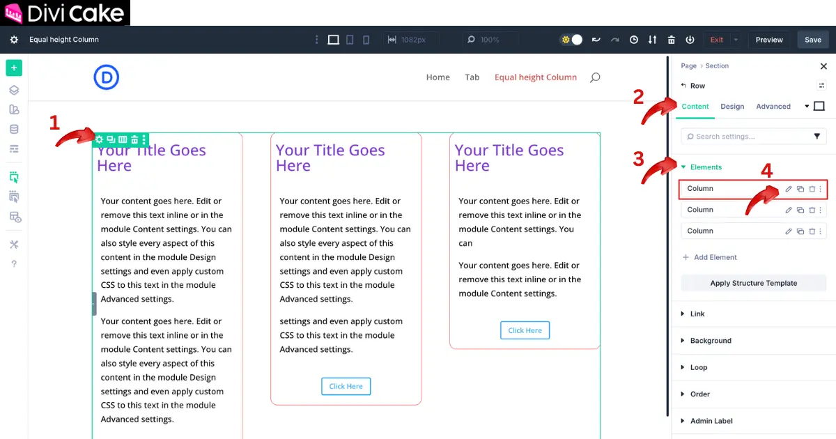 Divi 5 row settings screenshot showing Content tab, Elements section, and first column edit icon for equal height column setup