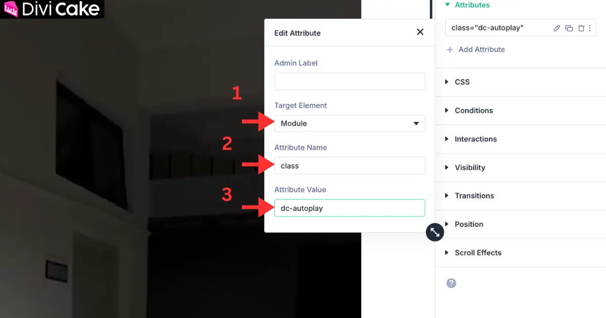 Setting the Divi 5 video module class attribute to dc-autoplay for autoplay targeting
