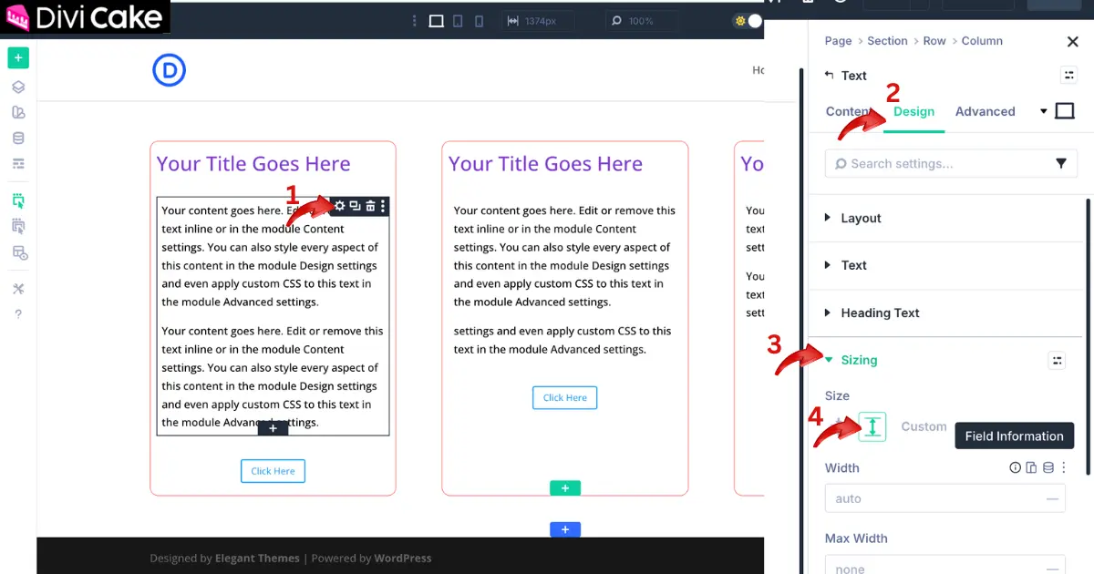 Divi 5 Text Module settings showing Design tab, Sizing section, and Grow to Fill enabled to align content inside equal-height columns