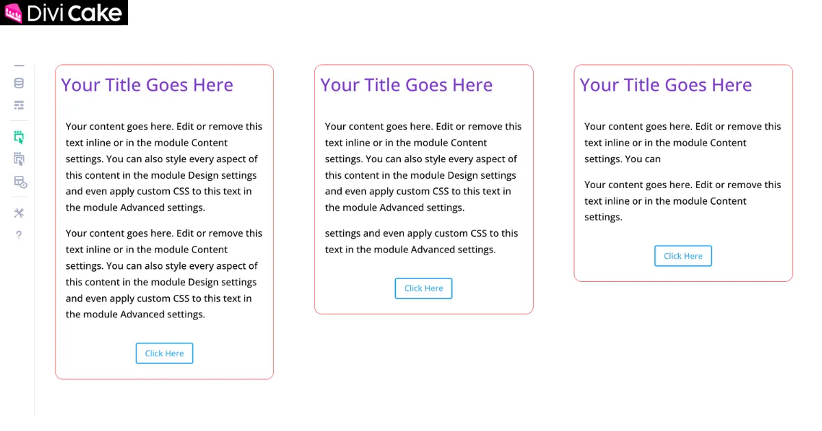 Divi 5 screenshot showing three columns with unequal heights and misaligned buttons before applying equal height settings
