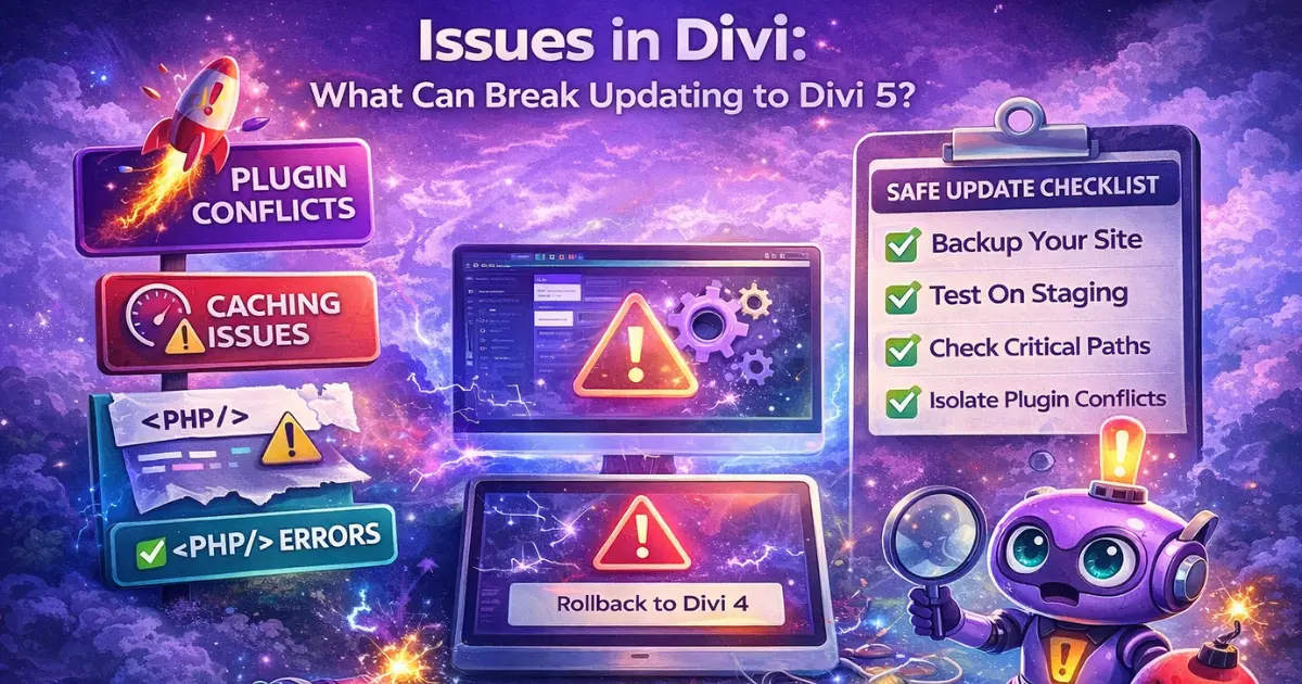 Infographic showing common Divi 5 update issues including plugin conflicts, caching problems, PHP errors, and safe upgrade checklist for Divi 4 to Divi 5 migration