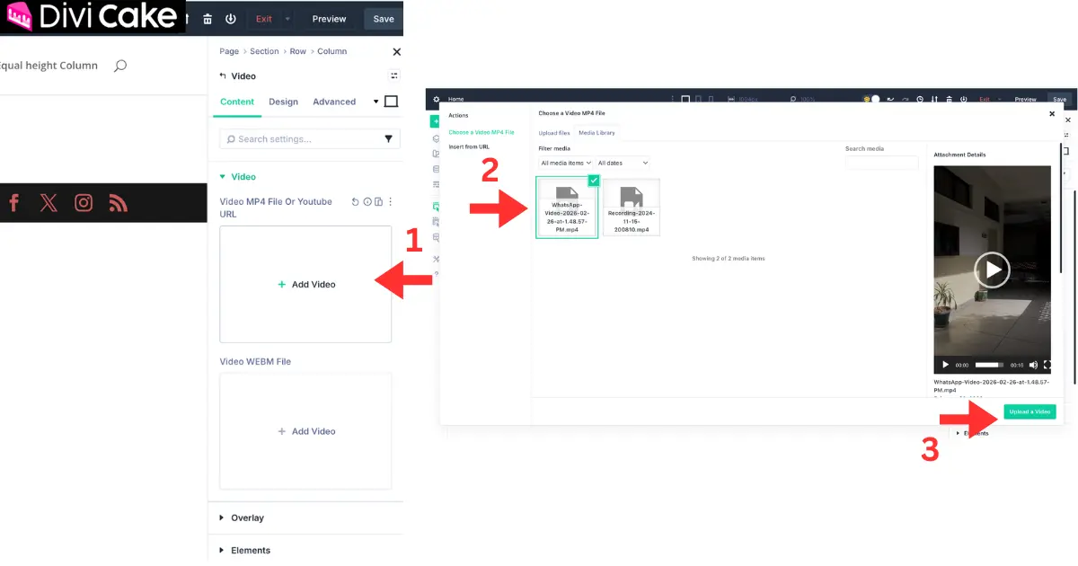 Selecting a self-hosted MP4 file inside the Divi 5 Video Module settings