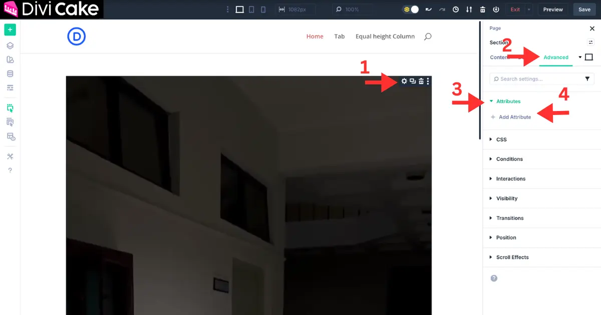 Opening the Divi 5 Video Module Advanced tab to access Attributes