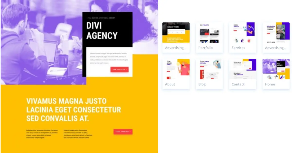 Advertising Agency Divi layout pack preview showing bold design style with services, project pages, portfolio, and landing page layouts