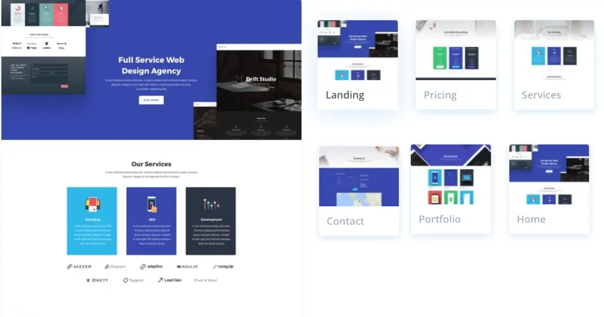 Design Agency Divi layout pack preview showing portfolio, case study, project pages, and a clean agency homepage layout