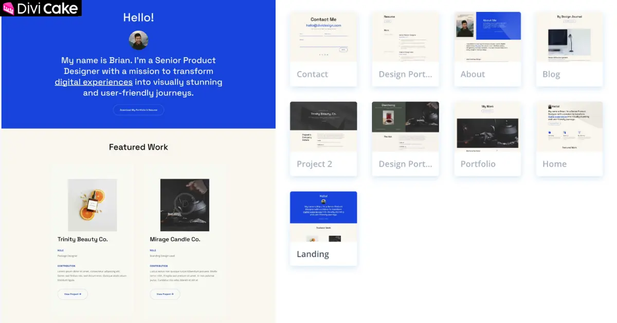 Divi Design Portfolio Layout Pack homepage and portfolio design