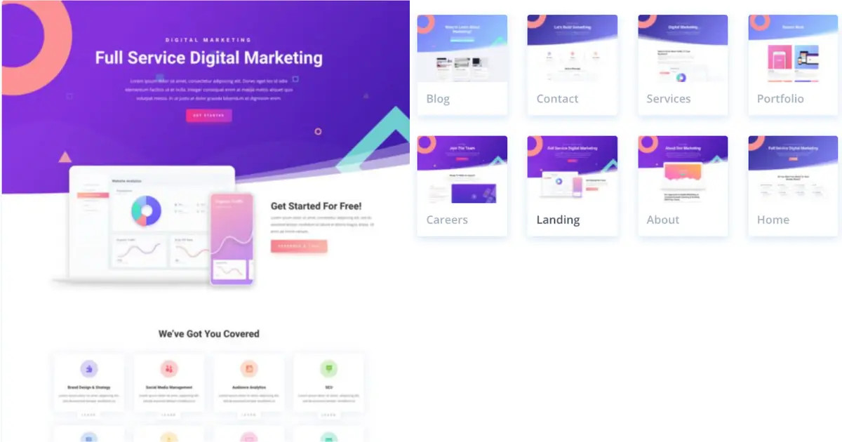 Digital Marketing Divi layout pack preview showing modern layouts for services, portfolio, blog, careers, and contact pages