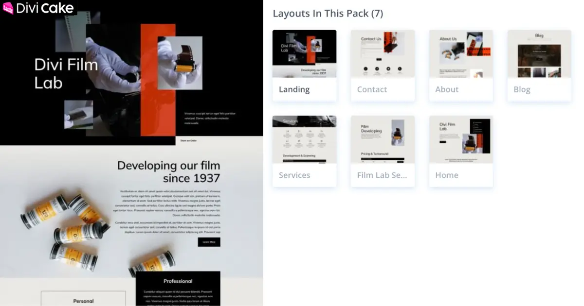 Divi Film Lab Layout Pack creative services website layout