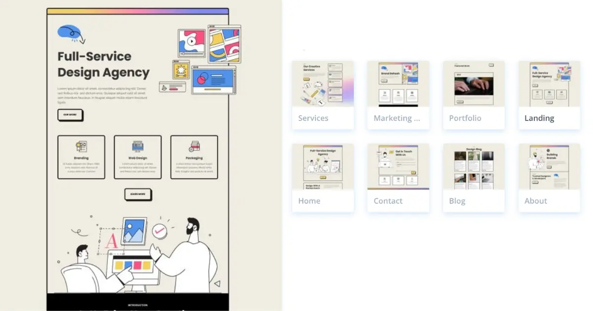 Marketing Agency Divi layout pack preview featuring illustration-style design with services, service page, portfolio, and contact sections