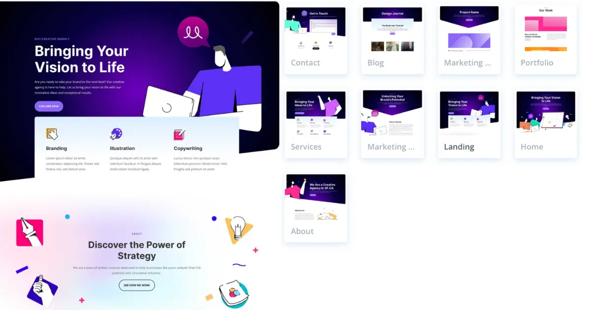 Marketing Divi layout pack preview showing marketing project page, services, service page, portfolio, and landing page layouts
