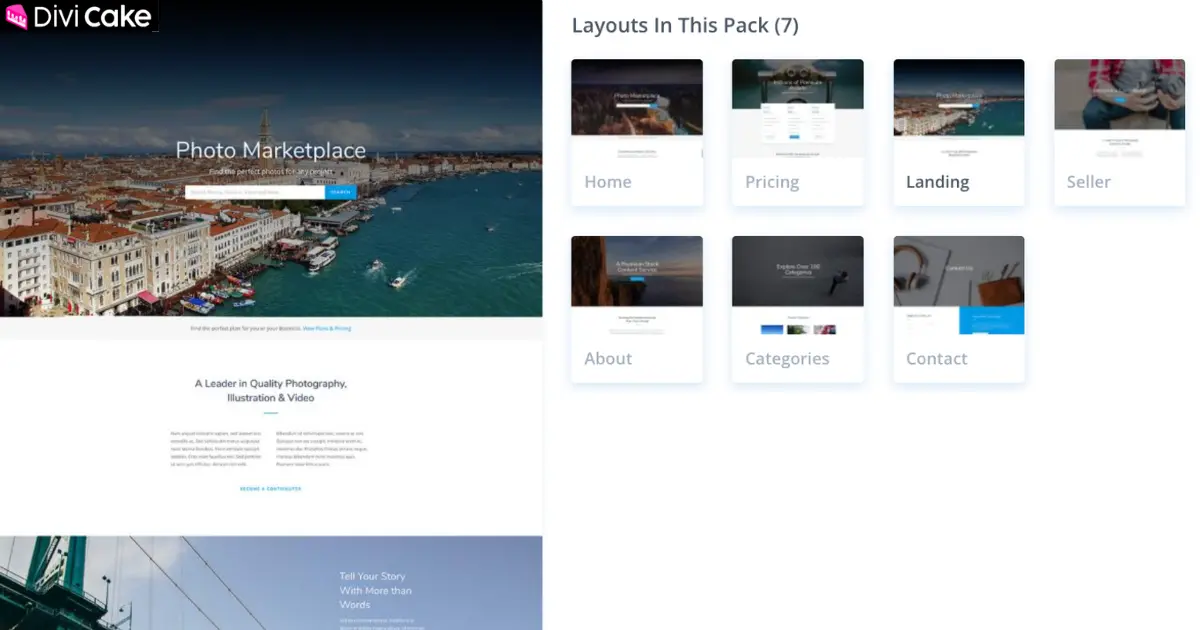 Divi Photo Marketplace Layout Pack product and gallery design