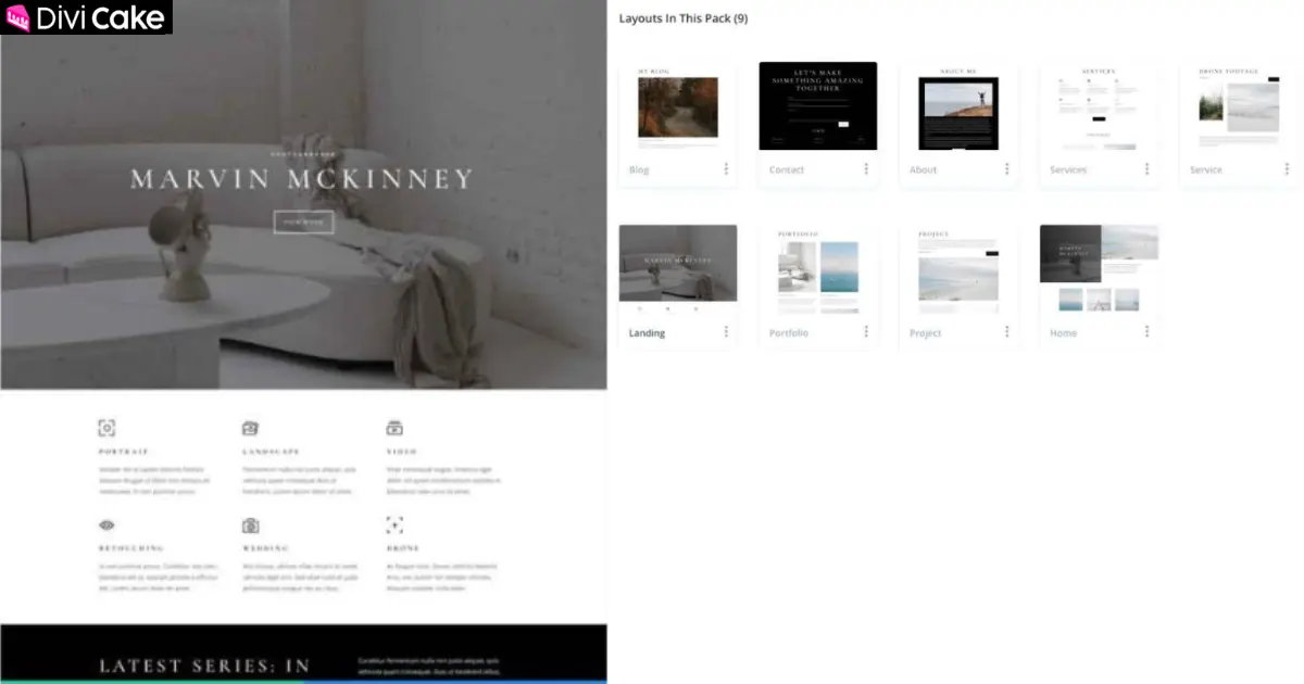 Divi Photographer Layout Pack gallery and portfolio page design