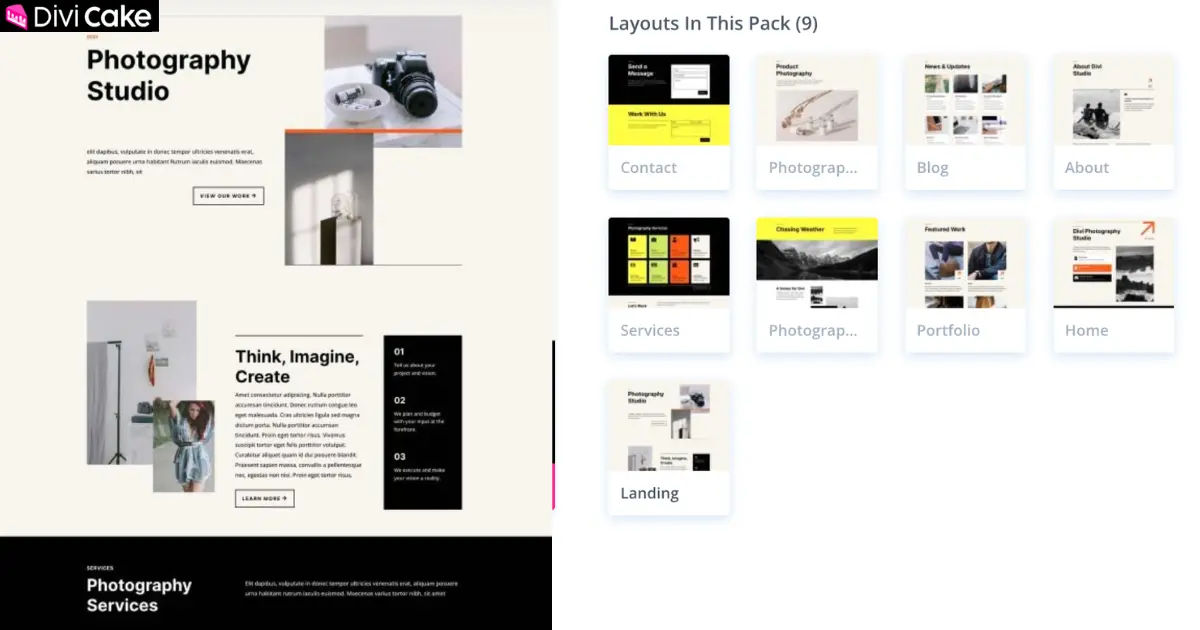 Divi Photography Studio Layout Pack services and portfolio layout