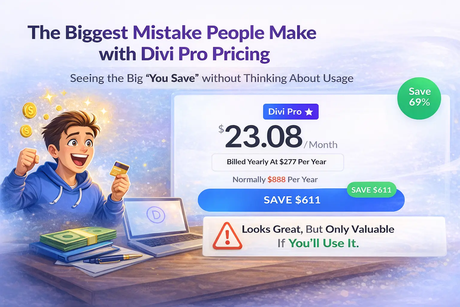 Horizontal infographic showing the biggest Divi Pro pricing mistake by focusing on savings percentage instead of actual usage value