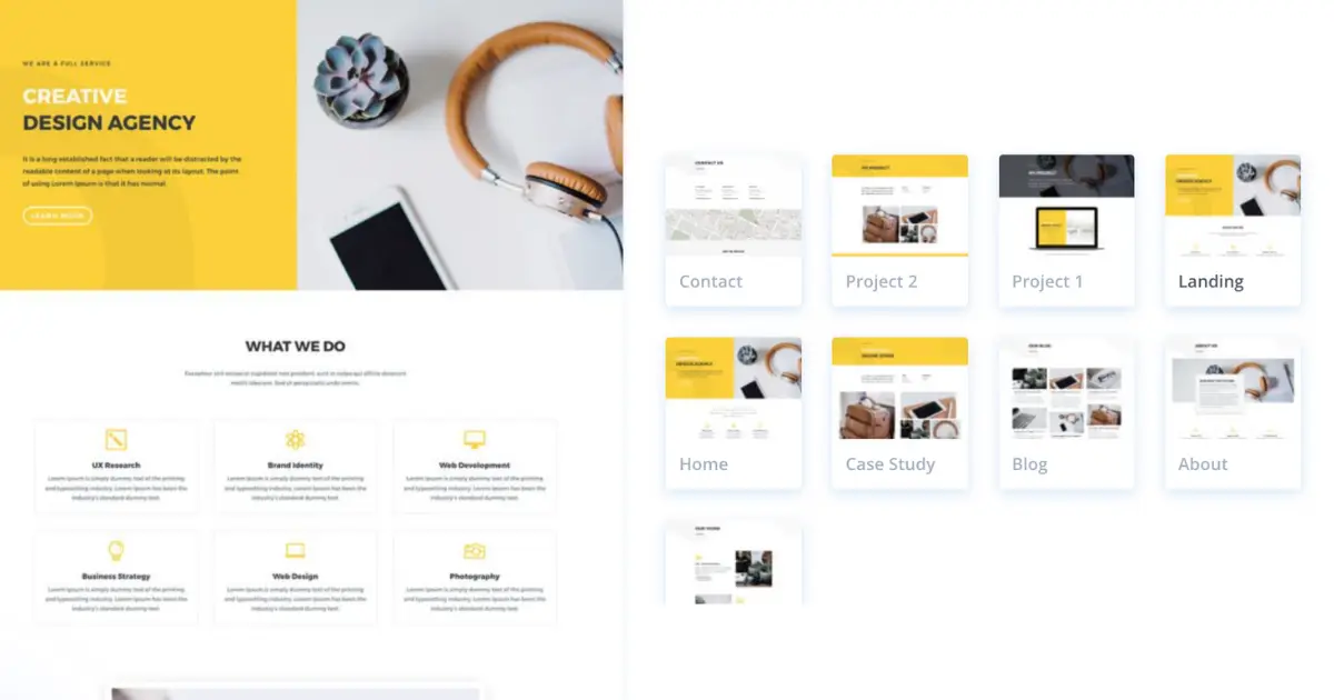 Web Agency Divi layout pack preview showing homepage, services, pricing, portfolio, careers, and contact pages for an agency website