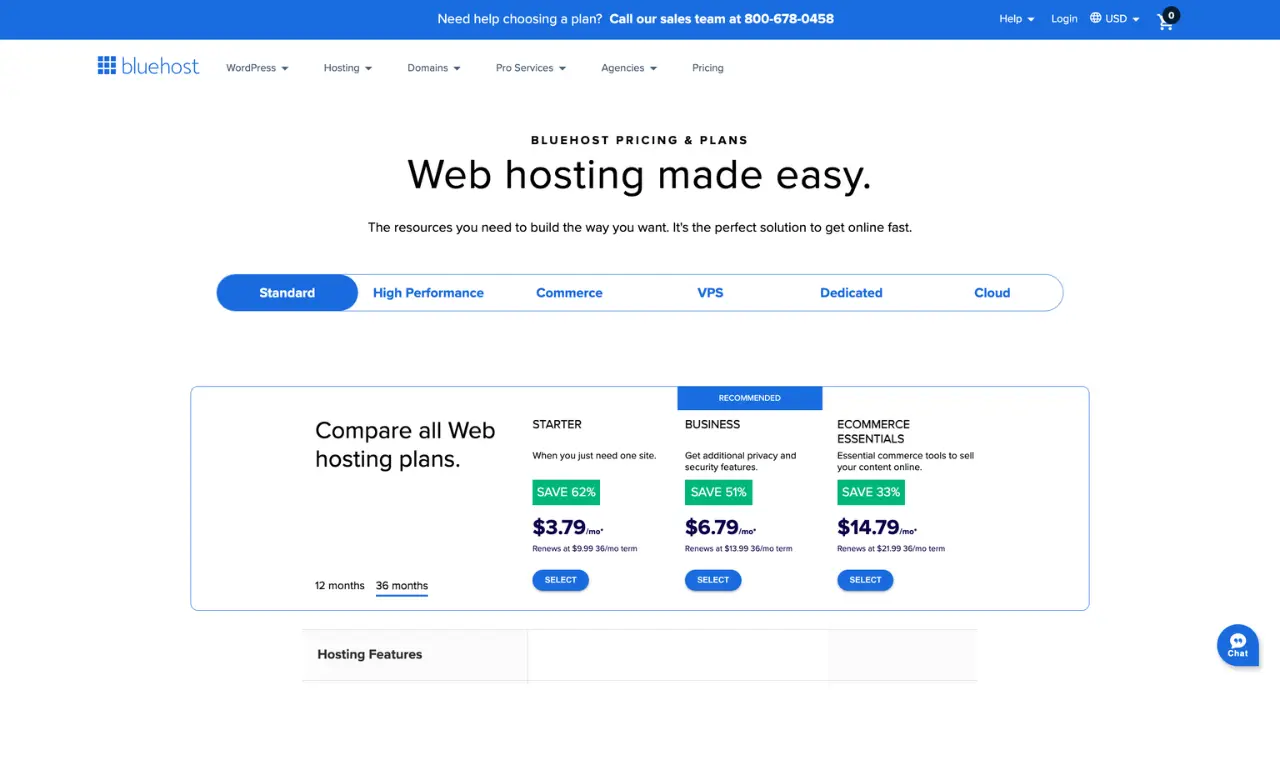 Bluehost hosting pricing page showing WordPress web hosting plans including Starter, Business, and Ecommerce packages