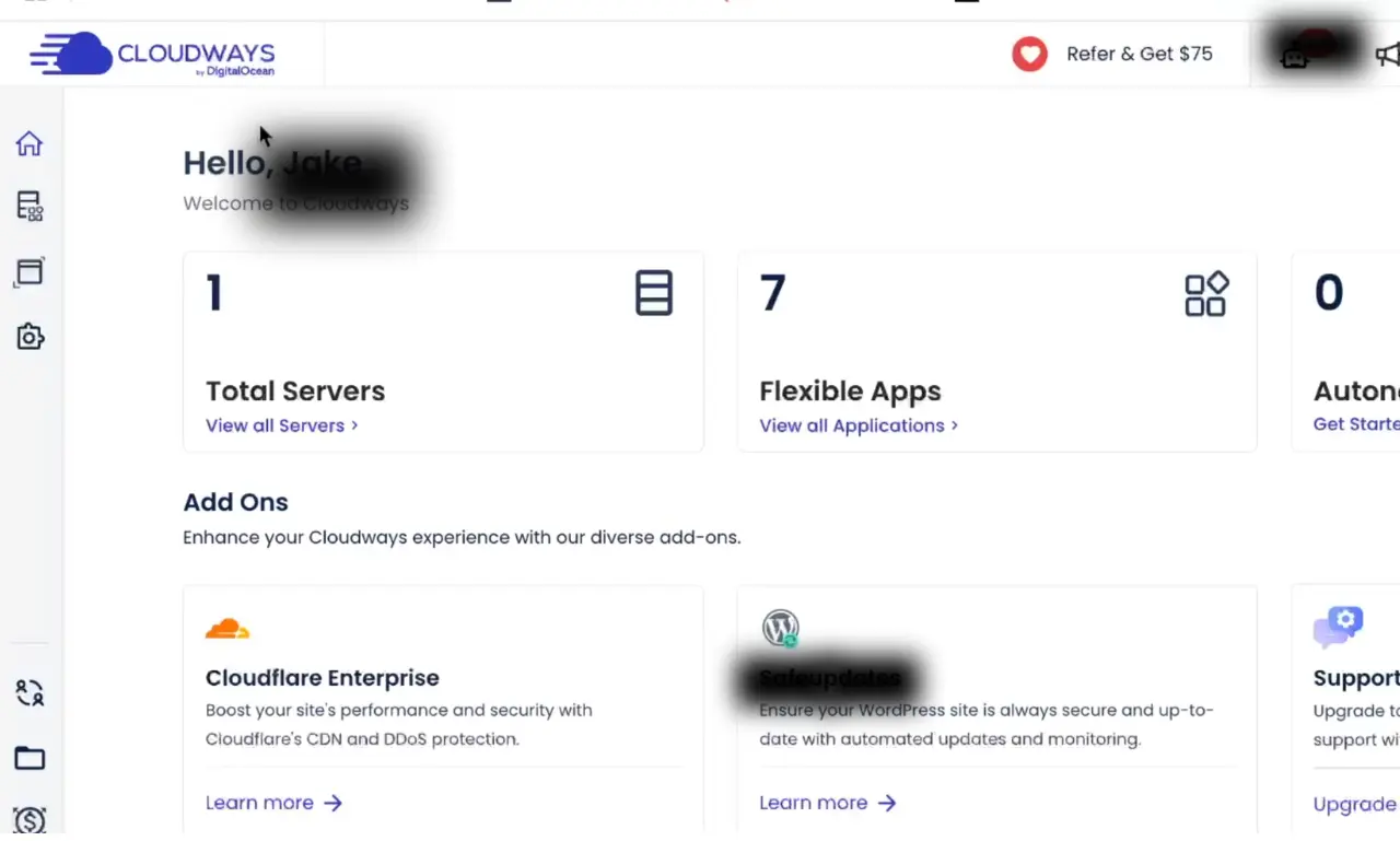 Cloudways dashboard showing 1 total server, 7 flexible apps, add-ons, and support options.