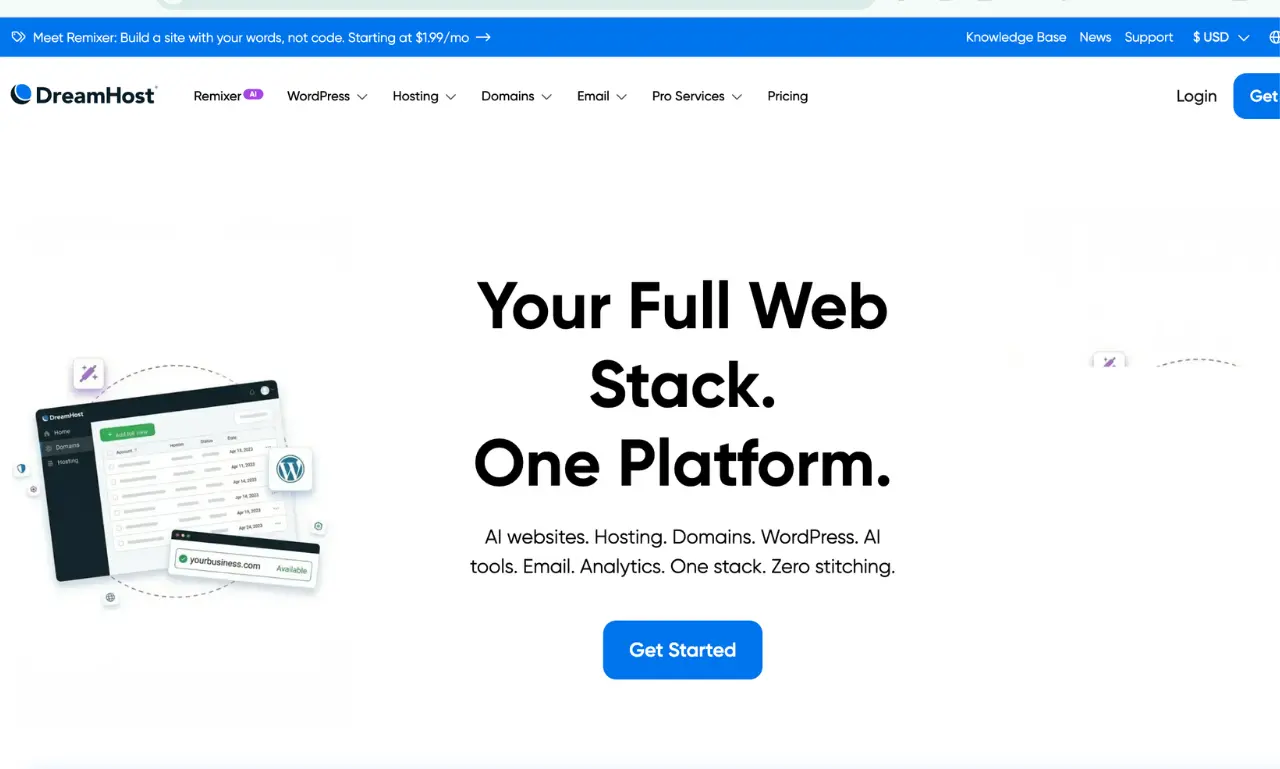 DreamHost WordPress hosting homepage showing website hosting platform, domain services, and WordPress tools