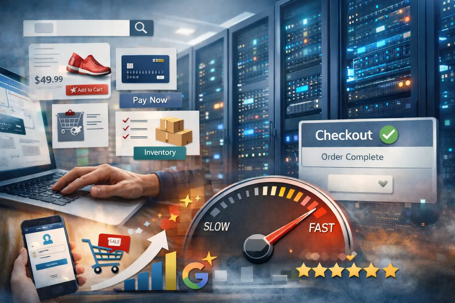 Illustration showing fast WooCommerce hosting with server infrastructure, checkout flow, cart actions, and website speed optimization