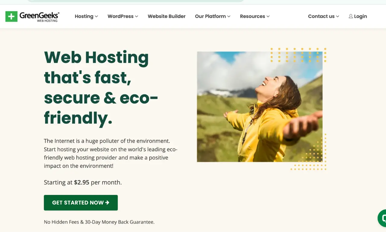 GreenGeeks web hosting homepage showing eco friendly WordPress hosting with fast and secure hosting services