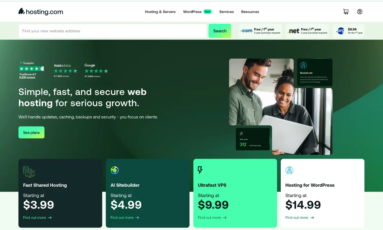Hosting.com web hosting homepage showing fast secure hosting plans, WordPress hosting, and VPS services
