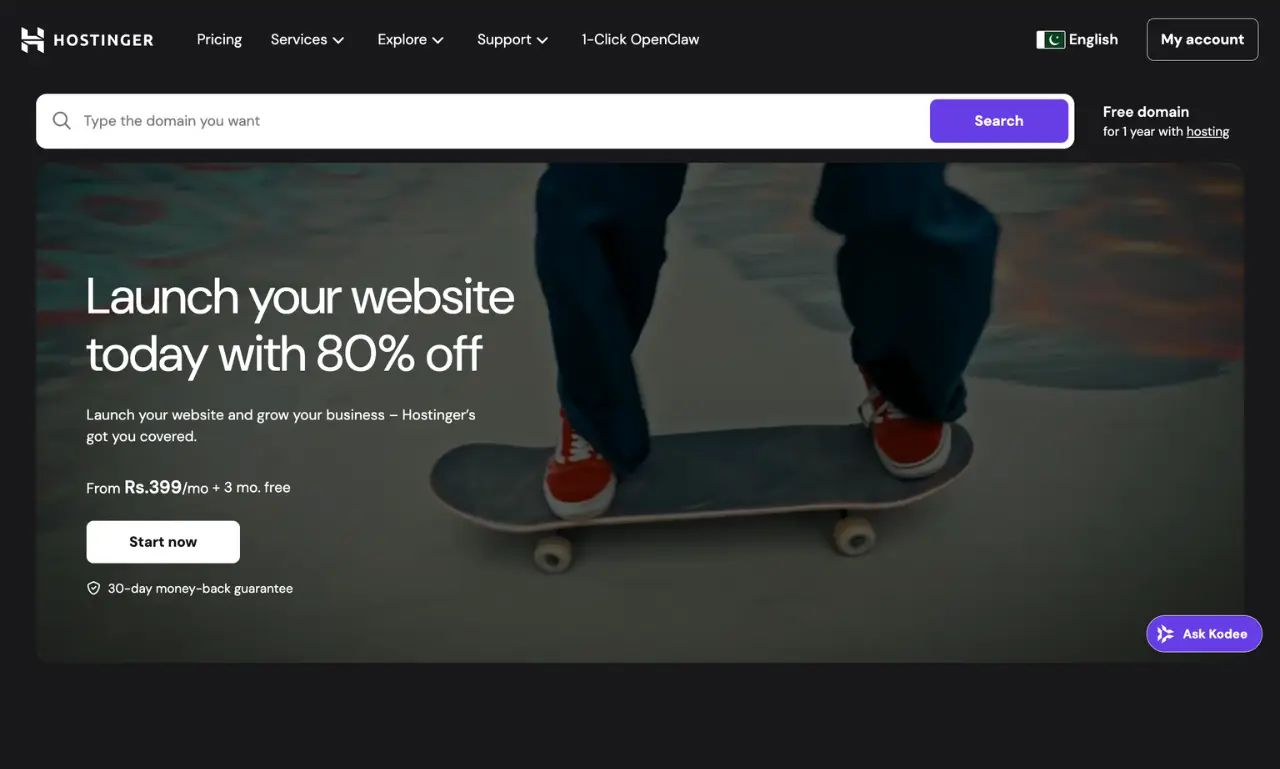 Hostinger WordPress hosting homepage showing website launch offer, domain search bar, and hosting dashboard interface