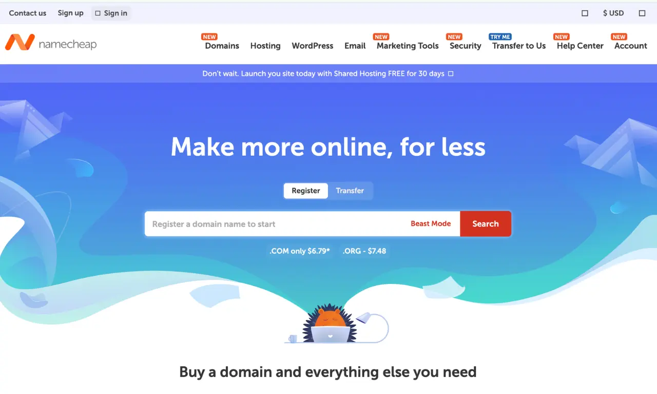 Namecheap EasyWP hosting homepage showing domain registration, WordPress hosting, and affordable website services