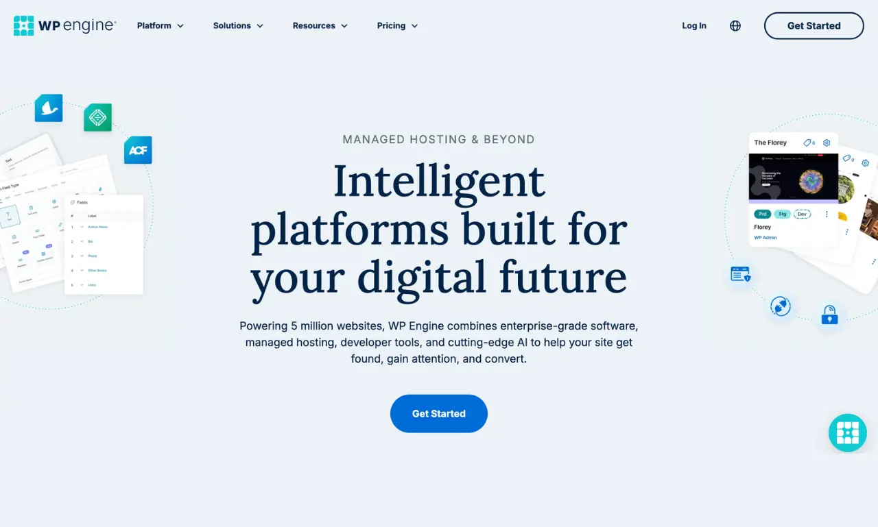 WP Engine managed WordPress hosting platform homepage showing enterprise hosting services and developer tools