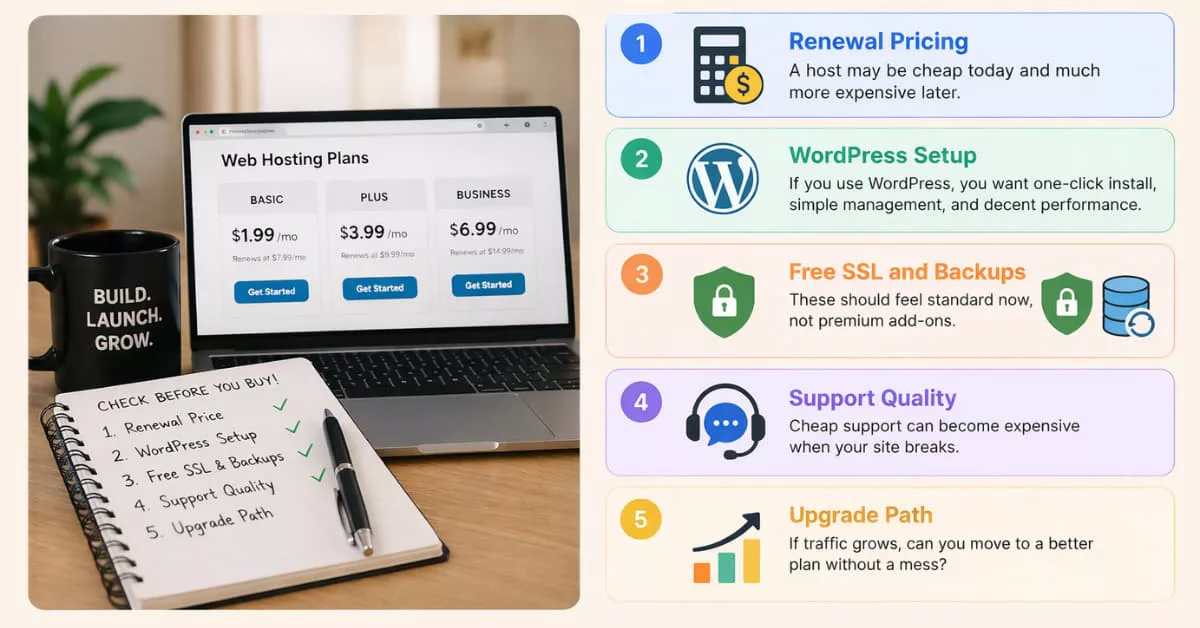 Infographic showing 5 things to check before choosing low cost web hosting including renewal pricing, WordPress setup, free SSL and backups, support quality, and upgrade path