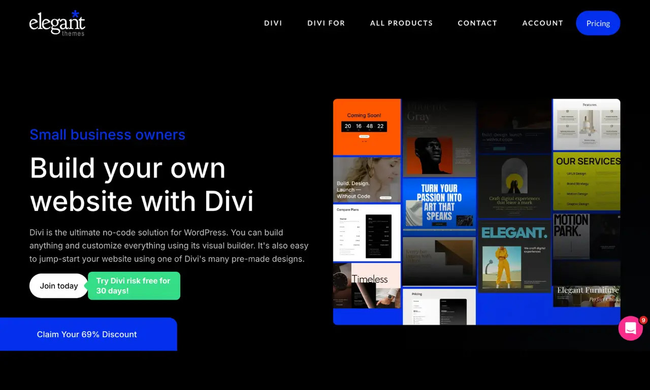 Elegant Themes homepage promoting Divi website builder for small business owners with headline, call-to-action buttons, and design showcase.