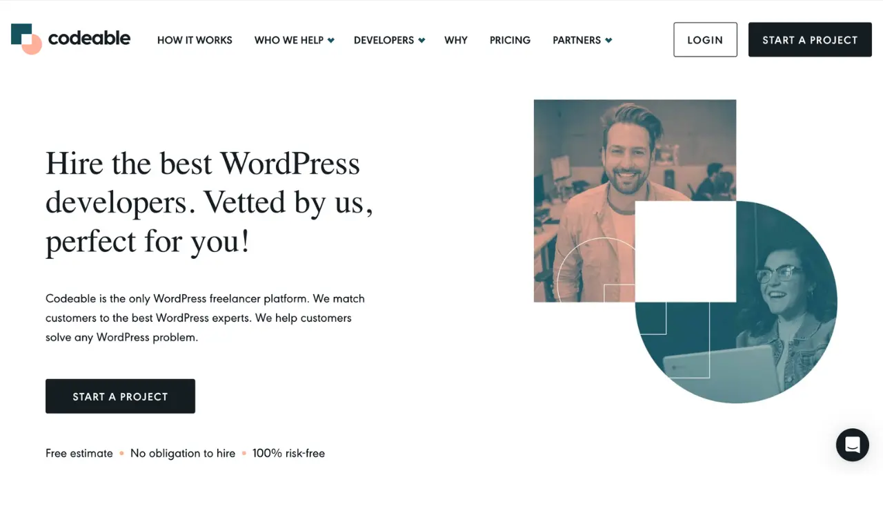 Codeable homepage showing vetted WordPress developers and Start a Project button