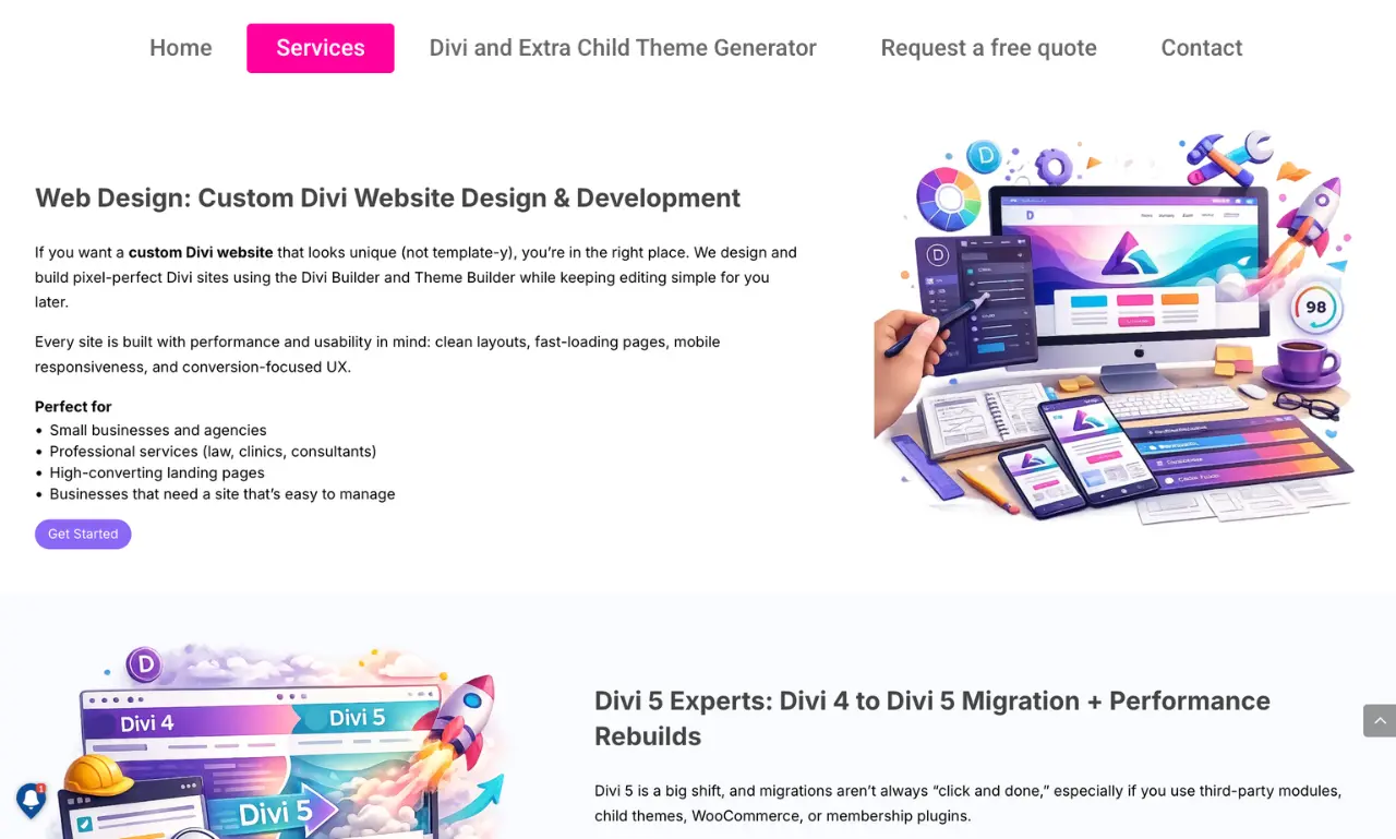 Divi Cake services page showing custom Divi website design and Divi 5 migration services