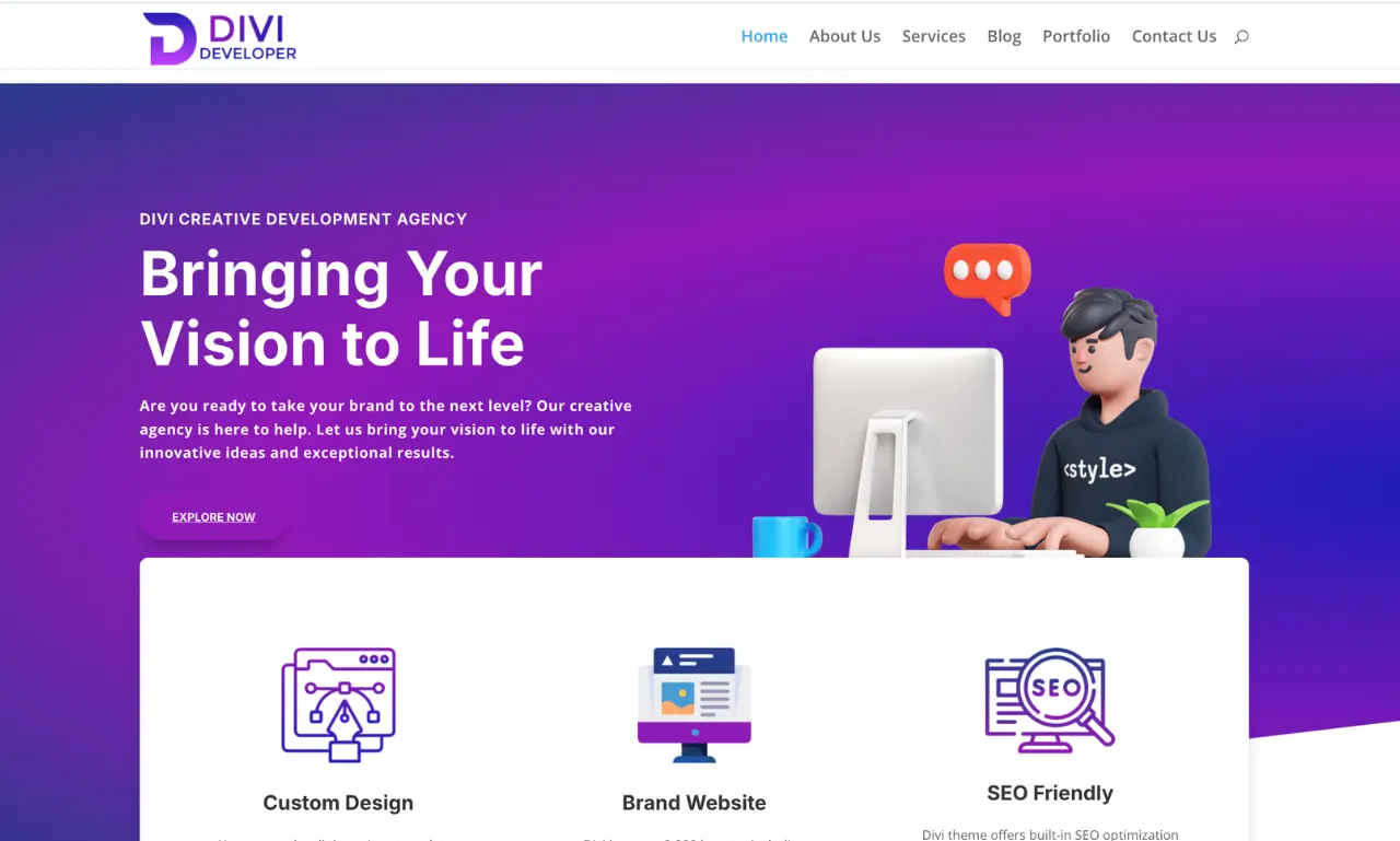 Divi Developer homepage showing Divi creative development agency and custom design services
