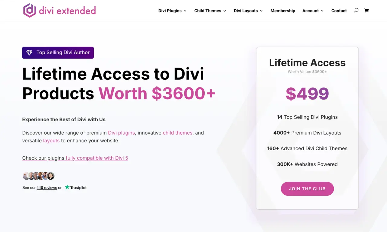 Divi Extended homepage showing lifetime access to Divi products worth 3600 dollars